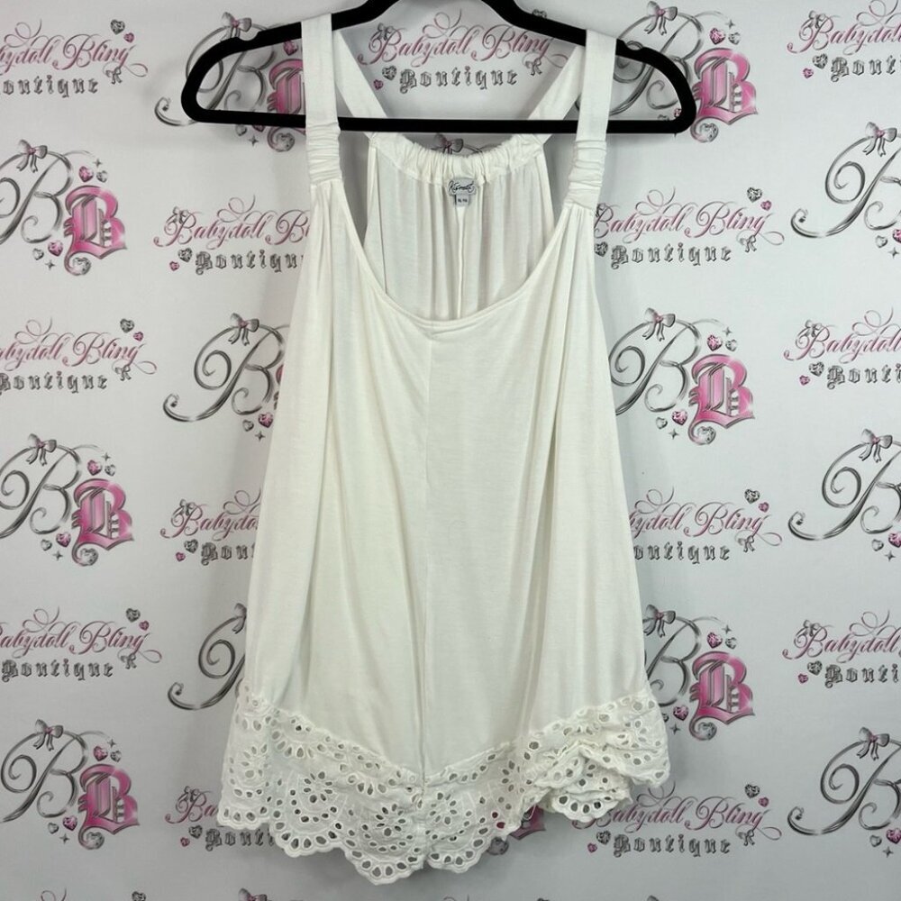 Kismet tank top halter cinched floral crochet White Eyelet Hem Tank Top
